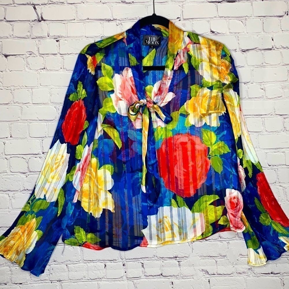 The Moon‎ Floral Bell Sleeve Tie Neck Colorful Semi -Sheer Blouse S Blue Multi